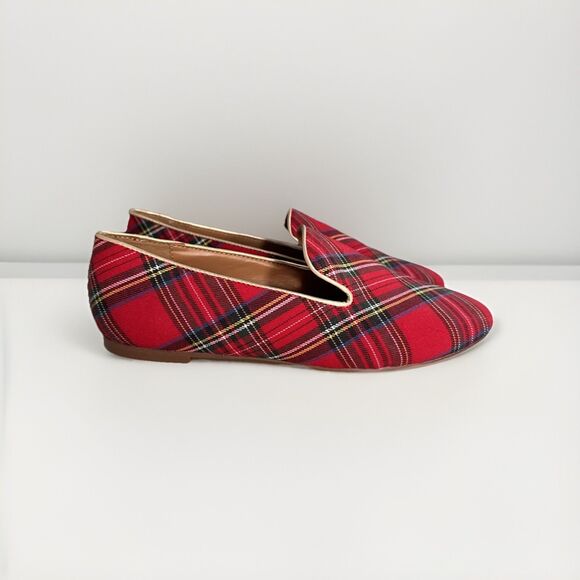 J CREW Red Stewart Tartan Plaid Smoking Flat Wmn Size 6 Slip On Gold Trim AT839 - Picture 1 of 6